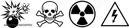 Explosive, toxic, radiation and high voltage hazard icons set – danger warning symbols safety signage – vector
