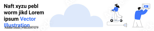 Cloud-centered theme with a woman on an electric scooter and a man holding a digital screen. Ideal for technology, mobility, cloud services, innovation, teamwork, connectivity, simple landing page