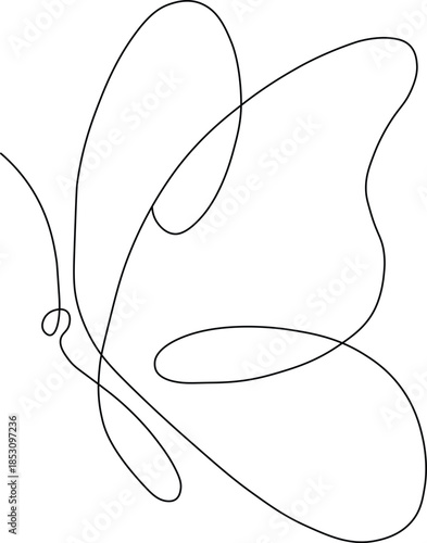 Minimalist one line art drawing of a graceful butterfly on a clean white background