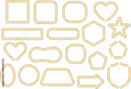 Light gold stitched outline shapes and cute icon frames set. Soft handmade dotted borders with hearts, stars, arrows and badges. Elegant decorative elements for labels, crafts and modern graphic desig