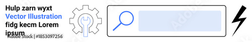 Search functionality, user interface, data processing, system optimization, website navigation, digital tools. Gear, magnifying glass and text display search design elements. Search interface