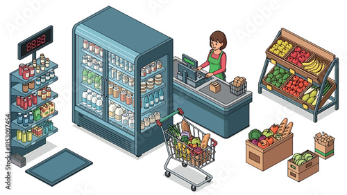 Isometric grocery store elements including refrigerator, checkout counter, cart, and fresh produce displays