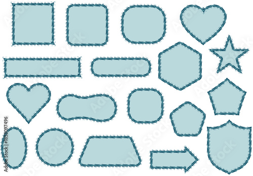 Light blue stitched outline shapes and icons set. Cute handmade borders with hearts, stars and arrows. Creative elements for kids design, crafts, labels and playful graphic projects.