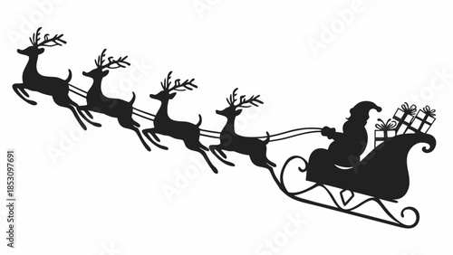 Santa Claus Sleigh with Reindeer Black Vector Silhouette Icon