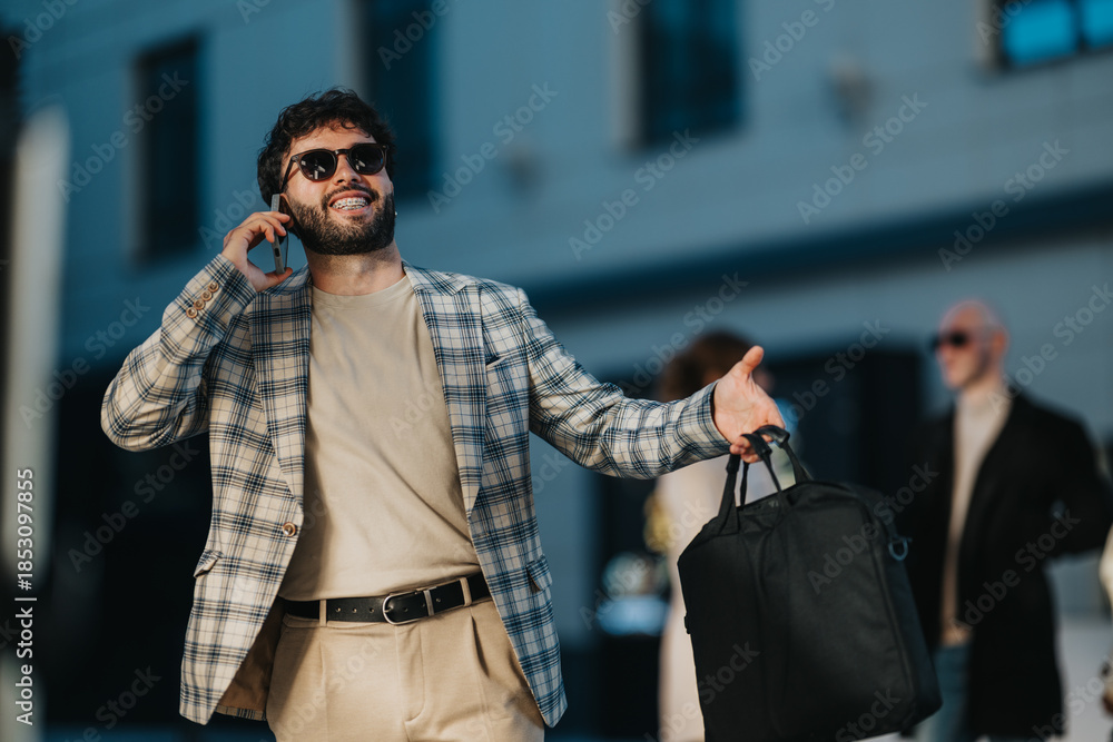 Fototapeta premium Two stock sentences: A business man on the phone, wearing a plaid blazer and beige outfit, holds a black bag. He gestures with his free hand in a sunny city street scene.
