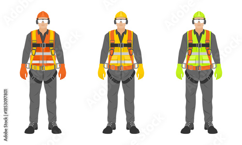 worker with complete safety equipment, harness gloves glasses hardhat vest and safety boots, vector illustration isolated on white background.