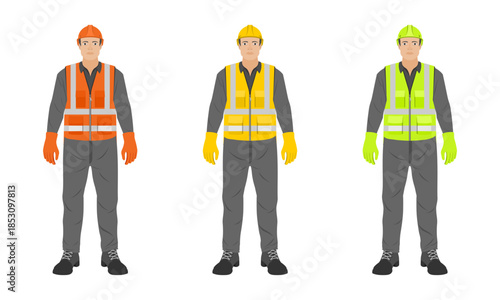 construction worker with vest gloves and helmet, vector illustration isolated on white background.
