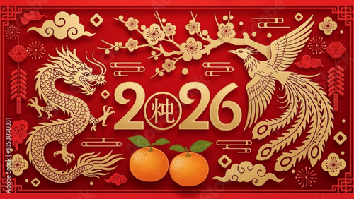 Chinese new year 2026 gold dragon phoenix ornaments on red background