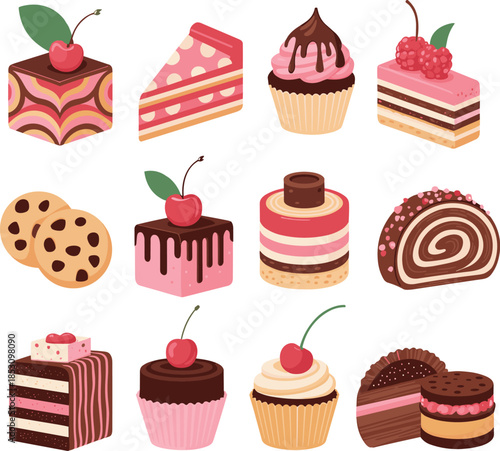 Cupcake and Cake Vector for Dessert Branding, Cake Icon Vector for Bakery Logo, Sweet Cake Vector Illustration, Dessert Cake Vector for Print and Web, Bakery Cake Vector Illustration Art