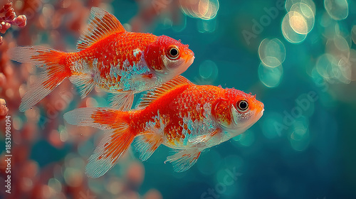 two vibrant orange and white goldfish swimming underwater.