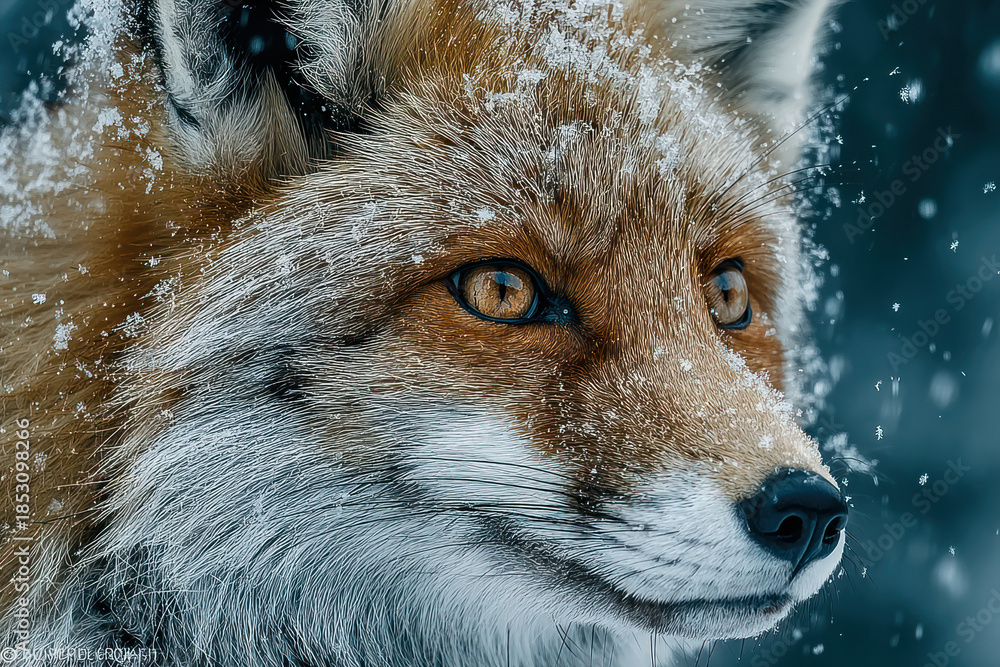 Fototapeta premium A close-up portrait of a red fox in a winter forest, taken during a snowfall. 