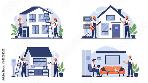 Seamless Home Renovation, Advanced Smart Technology Installation, and Modern Lifestyle Management Vector Illustrations Collection