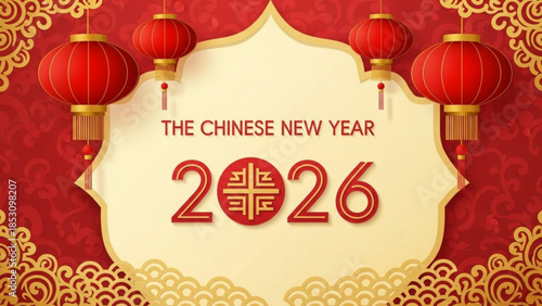 Chinese new year 2026 celebration with red lanterns and gold decorations