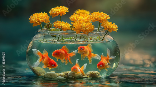 Fish tank filled with goldfish and floating yellow marigold flowers.