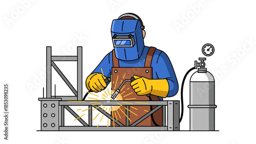 Skilled Welder in Protective Gear Performing Arc Welding on Metal Structure with Gas Cylinder