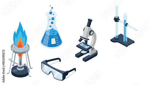 Isometric Vector Illustration Set of Essential Laboratory Equipment for Science Research and Education Discoveries