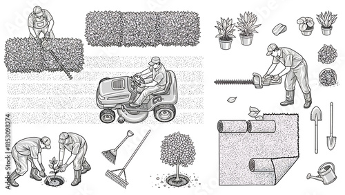 A comprehensive vector set illustrating various gardening activities, landscaping tasks, and essential outdoor tools for yard maintenance and plant care
