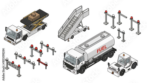 Isometric airport service vehicles and equipment collection, conveying airport ground support operations