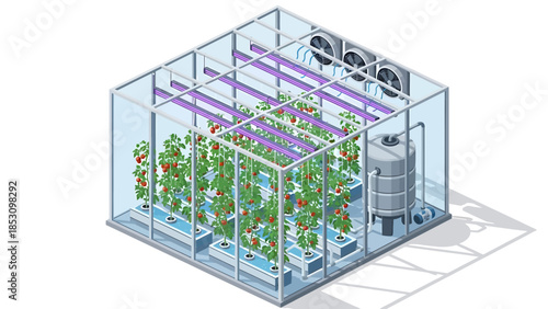 Hydroponic Vertical Farm Greenhouse Ecosystem With Automated Systems and LED Lighting for Sustainable Agriculture