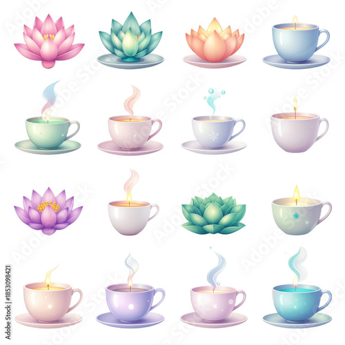 Vibrant Collection of Lotus Flowers and Steaming Cups for Spa, Meditation, and Wellness on transparent background