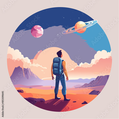 Man Standing in Surreal Alien Landscape with Planets Illustration