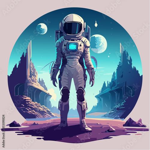 Astronaut Standing in Futuristic Alien World Sci Fi Illustration