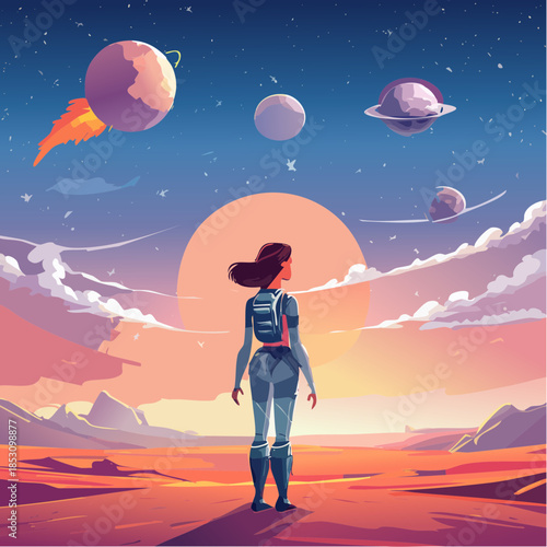 Woman Standing in Alien Landscape Watching Distant Planets Illustration