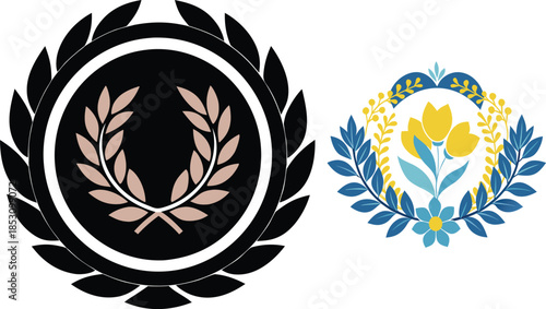 Emblems and badges with floral motifs and laurel wreaths