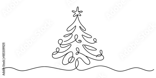 Minimalist christmas tree illustration created with a single continuous line Vector, illustration