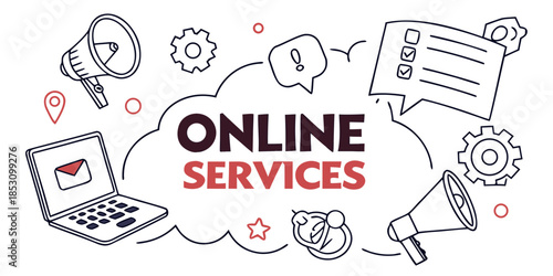 Online Services Doodle Illustration with Digital Marketing Icons