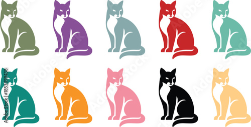 Colorful cat icons sitting on white background, Feline sitting icons multicolor collection
