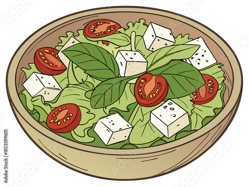 Delicious fresh salad with feta cheese and basil in bowl