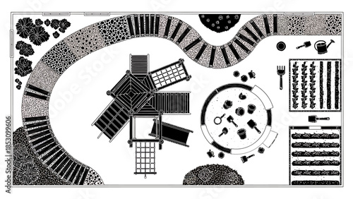 Top-down view of a meticulously designed garden layout showcasing pathways, a central structure, and planting areas
