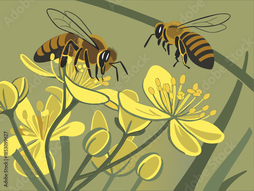 Busy bees collecting nectar from bright yellow flowers in a sunny meadow