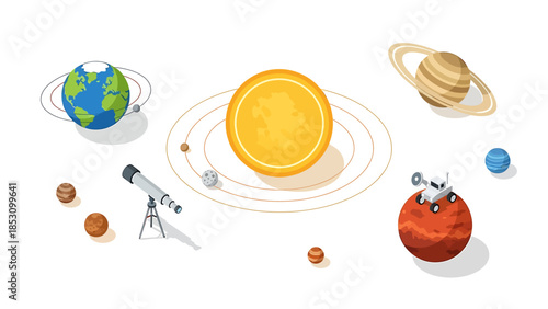 Vibrant Solar System Vector Illustration with Planets, Sun, Telescope, and Space Rover for Educational Astronomy and Exploration Concepts
