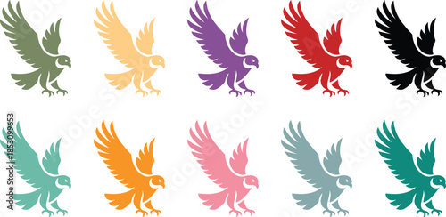 Colorful eagle icons in flight on white background, Bird of prey flying icons multicolor