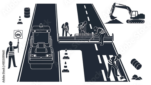 Road Construction Scene with Workers and Machinery Illustrated