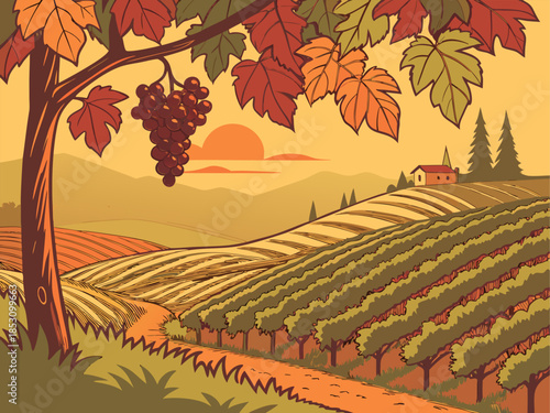 Serene vineyard landscape with autumnal hues and rustic charm
