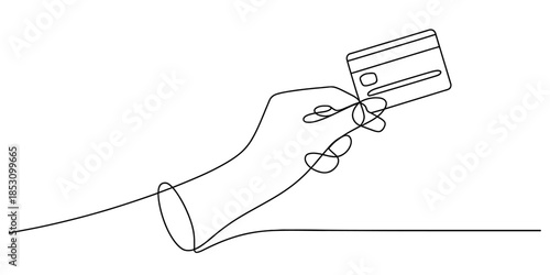A minimalist continuous line drawing depicting a hand holding a credit or debit card Vector, illustration