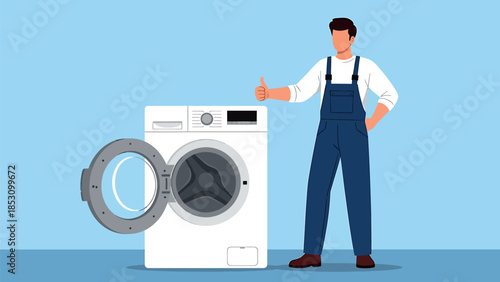 Happy technician giving a thumbs up next to a washing machine with open door
