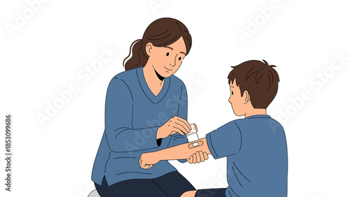 Caring adult administering an arm injection to a young boy, illustrating childhood vaccination or medical treatment in a safe environment