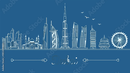 Blueprint Style Global City Skyline Illustration with White Outline Famous Architectural Landmarks on Blue Background