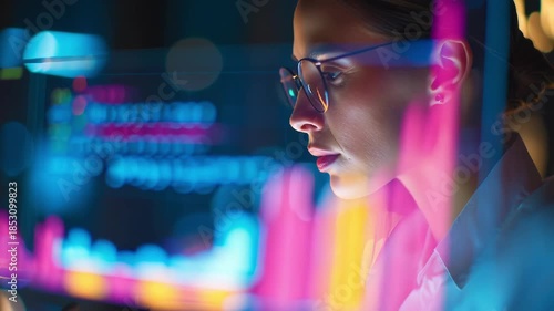 Focused young woman wearing glasses intently analyzes complex data visualizations displayed as vibrant neon lights reflecting in her eyewear symbolizing technological innovation