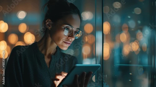 Focused young professional woman with glasses intently reviews data on a tablet while gazing out at a vibrant cityscape illuminated by countless twinkling lights during nighttime hours