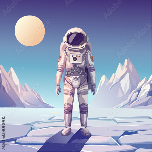 Astronaut Exploring Frozen Alien World, Front View Illustration