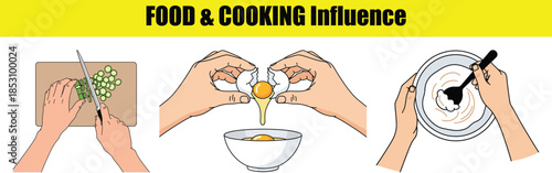 Hands preparing food chopping eggs and mixing in bowls Keywords: cooking, food preparation