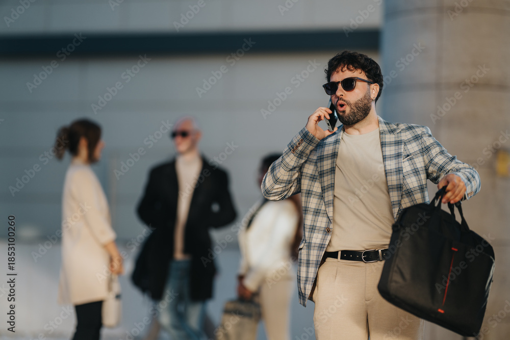 Naklejka premium A man in a checkered blazer talks on his phone while carrying a black bag in a city setting.