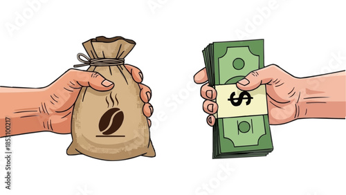 Hands exchanging money for coffee beans in a business transaction