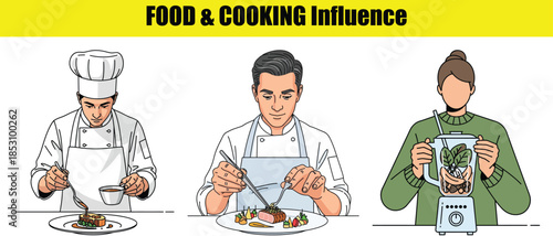 Chefs plating food and person using a blender Keywords: cooking, chef, plating, food, gourmet