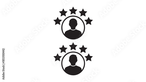 User Profiles with Five Stars in Minimalist Black Silhouette on White Background for Rating System